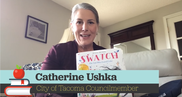 Screen shot of CM Ushka reading as part of the Tacoma Public Library lunchtime story series
