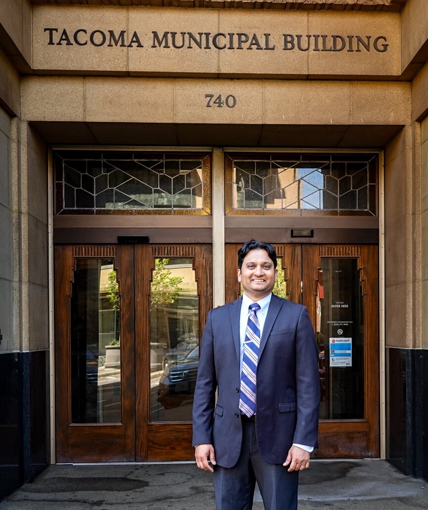 Picture of CM Sadalge outside the Tacoma Municipal Building 
