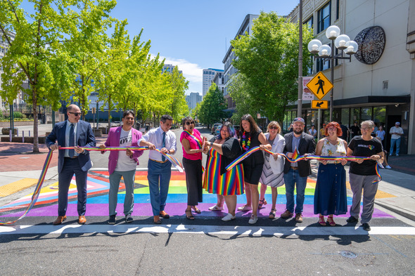 Pride crosswalk ribbon cutting picture 