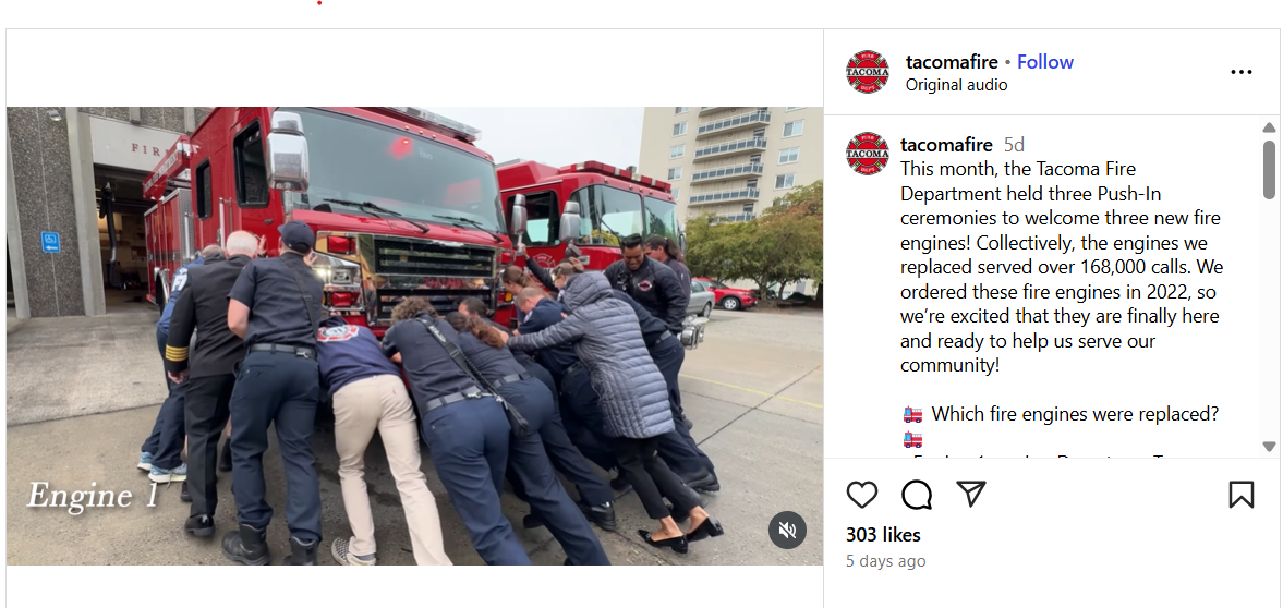 Screen shot of Instagram post about new fire engines
