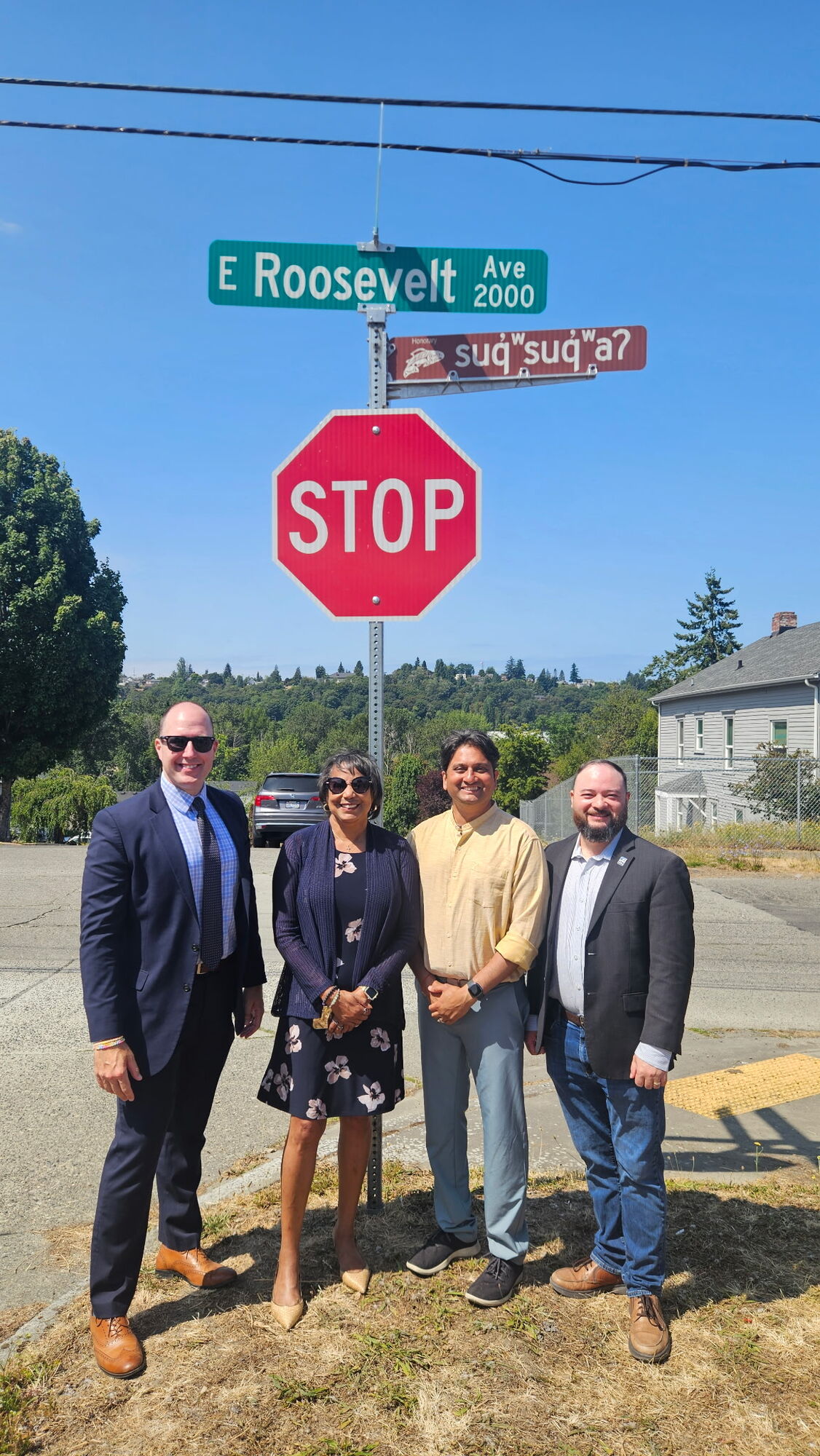 CM Hines, Mayor Woodards, CM Sadalge and CM Bushnell at unveiling of new multilingual Puyallup language signage in east Tacoma