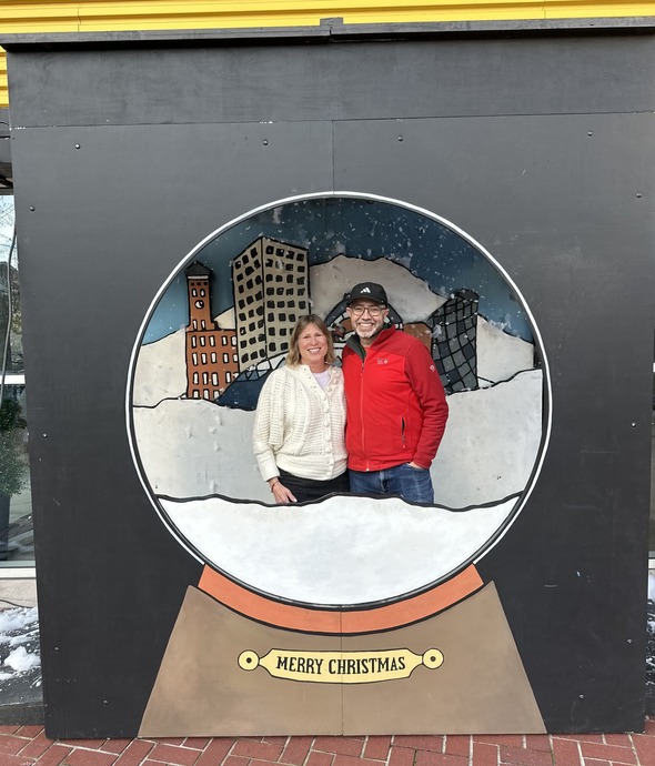 snow globe picture with David Schroedel, Executive Director of the Downtown Tacoma Partnership