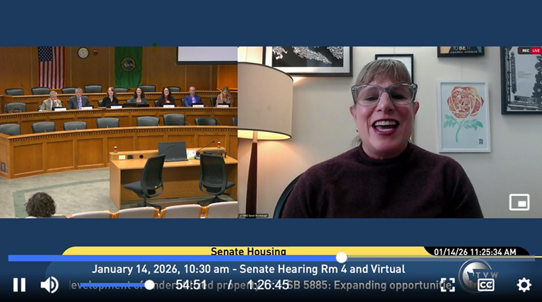 Screen shot of testifying in support of Housing at the Washington State Legislature 
