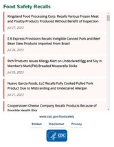 Screenshot of CDC's food safety recall notice feed.