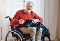 Disabled senior man in wheelchair indoors playing with a pet dog.