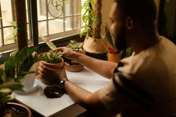 Man tending to potted plants.