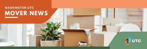 A “Washington UTC Mover News” banner over an image of moving boxes and a potted plant, with the UTC logo on the right.