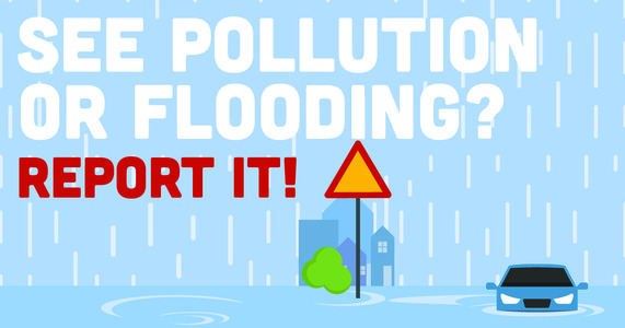 Report Pollution and Flooding - Image of a car partially under water with rain coming down in the background