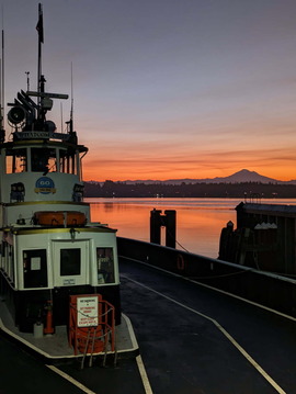View of Mount Baker from the deck of the Whatcom Chief at sunset