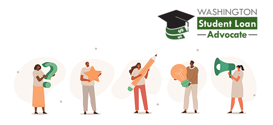 Five illustrated people hold icons representing questions