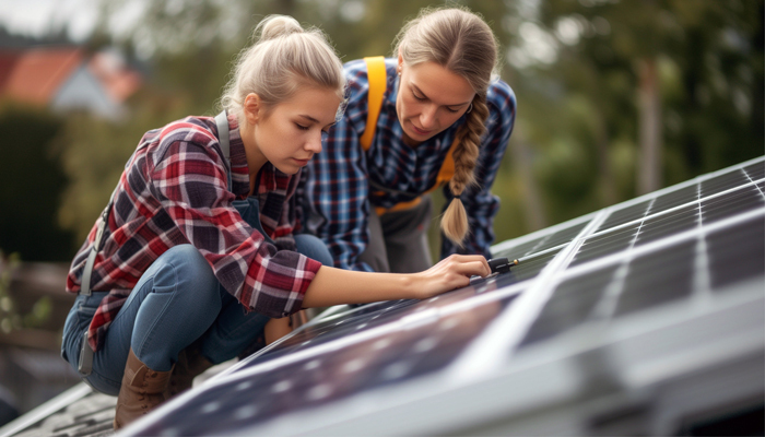 Two women working on a solar panel on a roof - apprenticeship