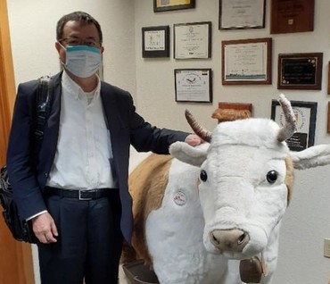 Mr. Kazutoshi Ueno with stuffed cow at Wisconsin cheese company