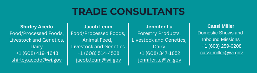 trade consultants' names and contact information in white text on a turquoise background