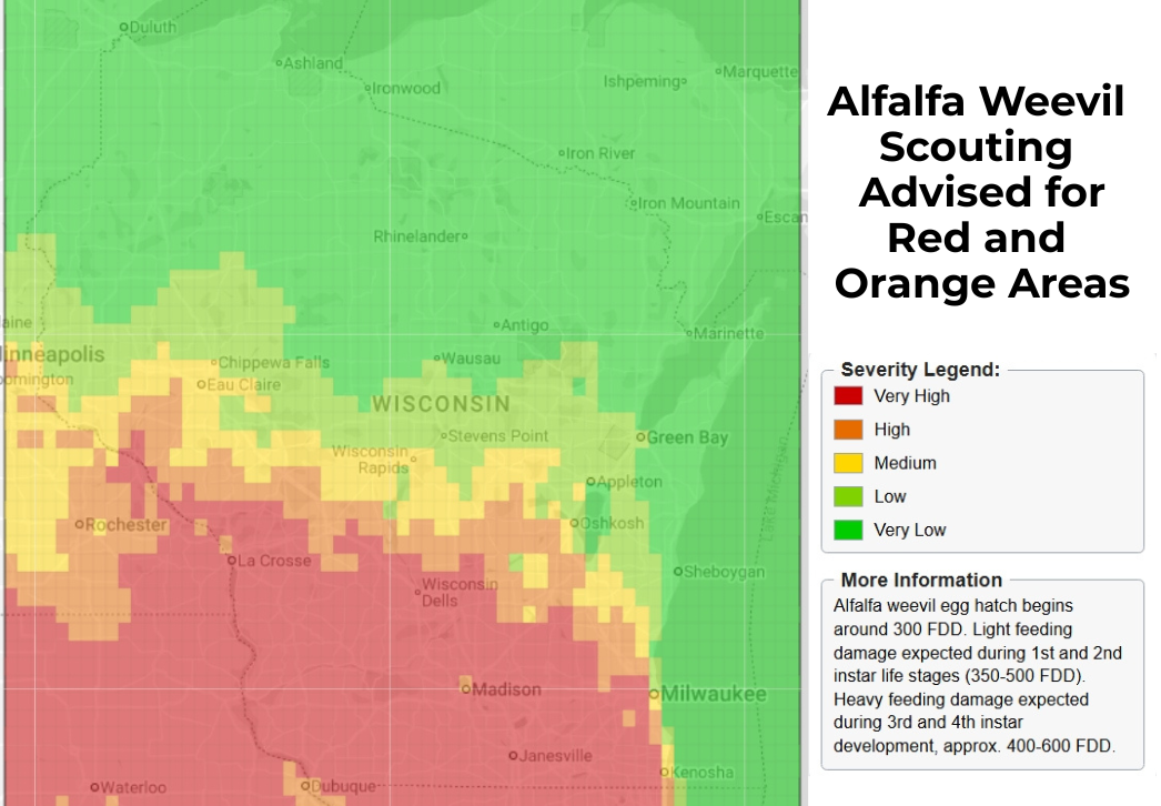 Map showing alfalfa weevil scouting advisory for southwestern Wisconsin south of Interstate 90