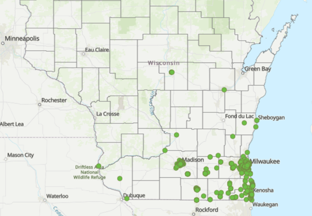 Map of DATCP's 1,006 tree-of-heaven finds, mainly in southeastern Wisconsin