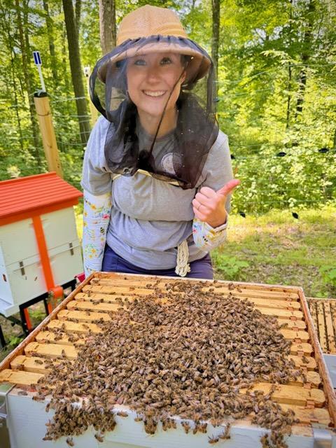 beekeeper thumbs upping the hive