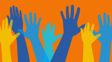 multi colored hands volunteering, on an orange background
