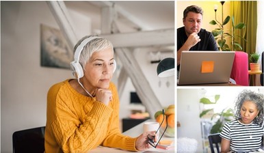 three photos of individuals sitting by computers