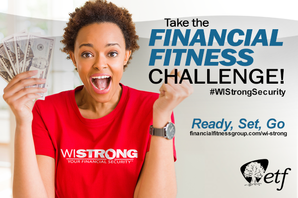 Financial Fitness Challenge: excited, smiling woman with money in her hand wearing a red "WI Strong" t-shirt" 