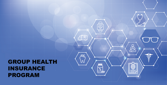 Graphic representing different insurance plans, with text "GROUP HEALTH INSURANCE PROGRAM"