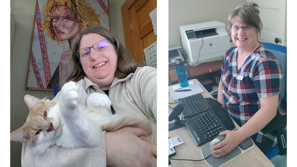 Two photos of Jodi Anthoy: left photo with her cat, and right photo with her in front of desktop.