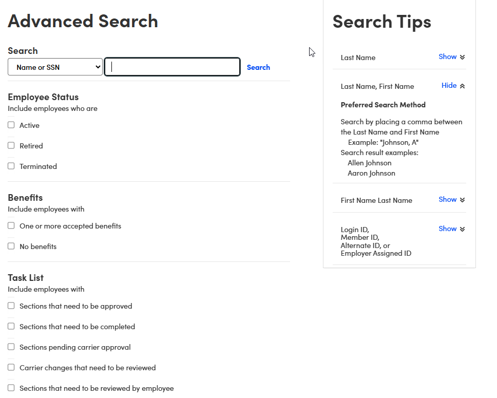 Advanced Search Screen