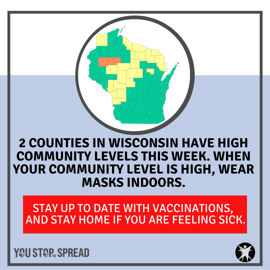 As of October 7, 2022, CDC data indicate 2 Wisconsin counties are in the “high” COVID-19 Community Level category: Barron and Rusk.