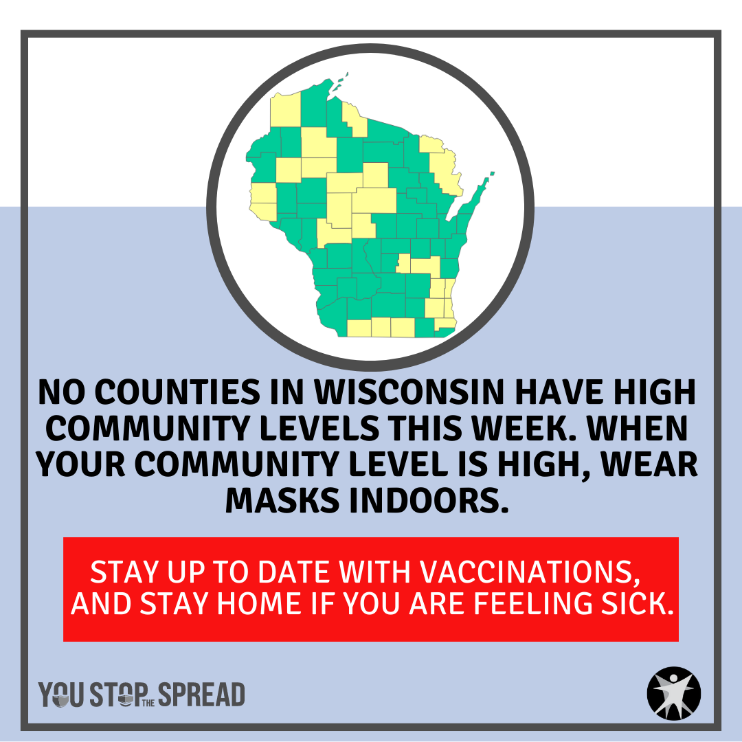 As of December 16, 2022, CDC data indicate no Wisconsin counties are in the “high” COVID-19 Community Level category