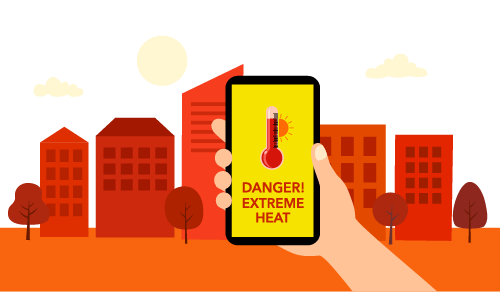 A red colored city with a phone spelling out "Danger! Extreme Heat".