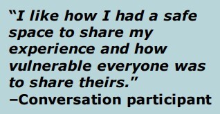 Participant quote, "I like how I had a safe space to share my experience..."