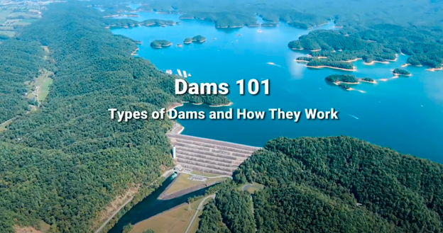 The intro slide for the video that reads "Dams 101."