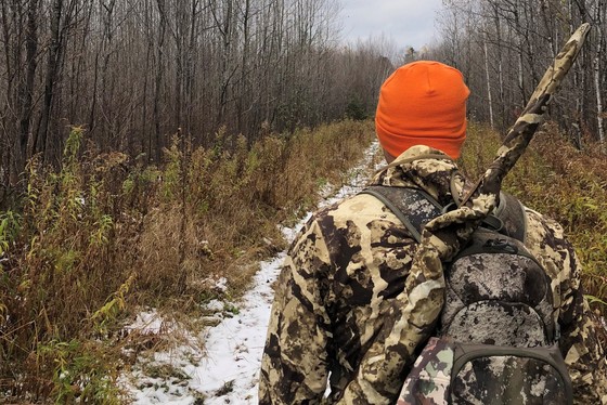An image from behind of a hunter wearing a camouflage jacket and an orange hat. 