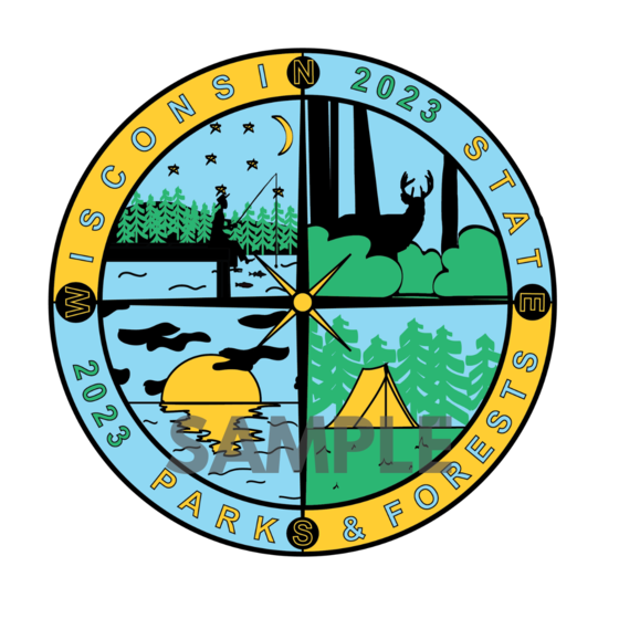 Circle sticker design featuring a compass with different recreational themes available throughout Wisconsin?s state park system