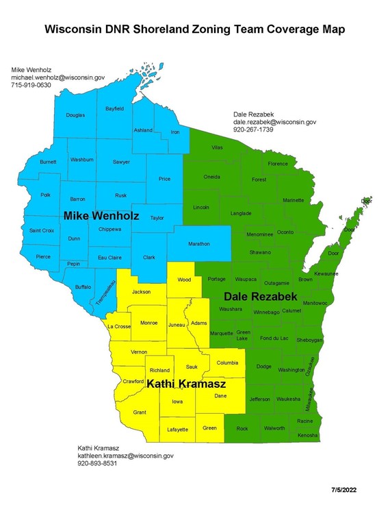 A map showing the shoreland zoning coverage of Wisconsin.
