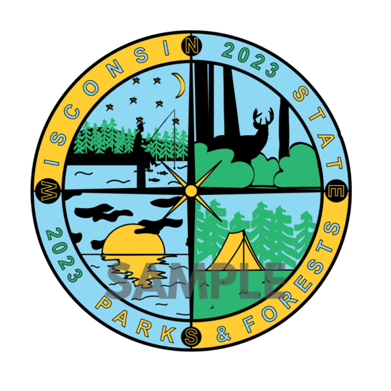 An illustrated park sticker in the shape of a compass that includes a different outdoor activity in each quadrant.