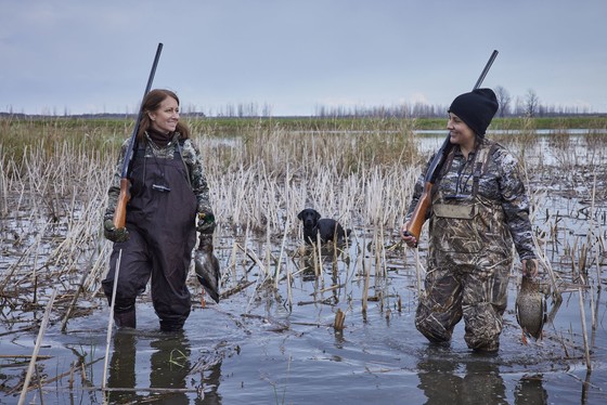 Two women walking through marsh waters while duck hunting with a black dog following them.