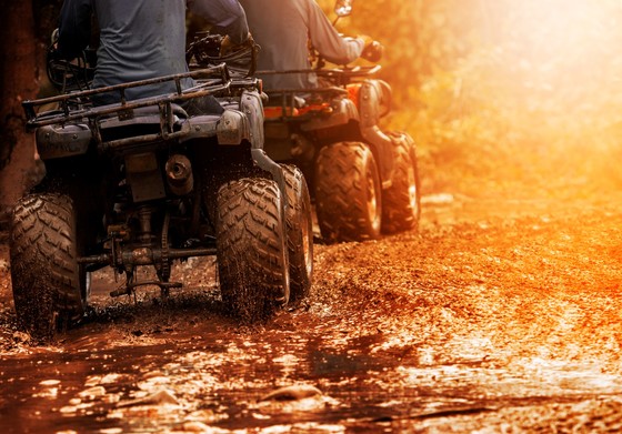 Two people riding ATVs through the woods.