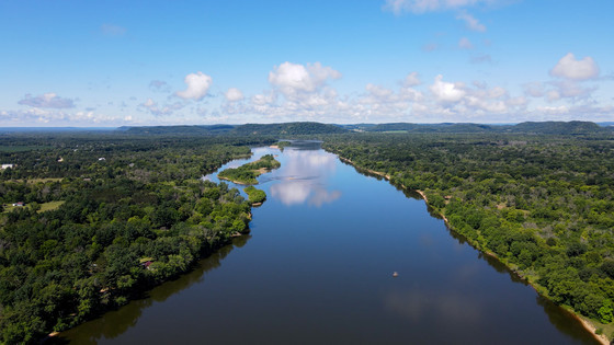 A view of the Wisconsin River in the summer from above via drone.