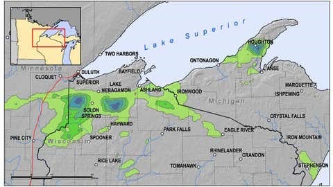 A map of northern Wisconsin showing areas where 1000-year rainfall occurred over any 24-hour period between Jun. 14-18, 2018.