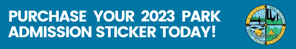 Button with text "purchase your 2023 state park sticker today" with a sample of the park pass artwork.