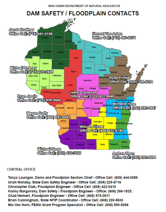 map of Wisconsin with contact information for shoreland zoning staff