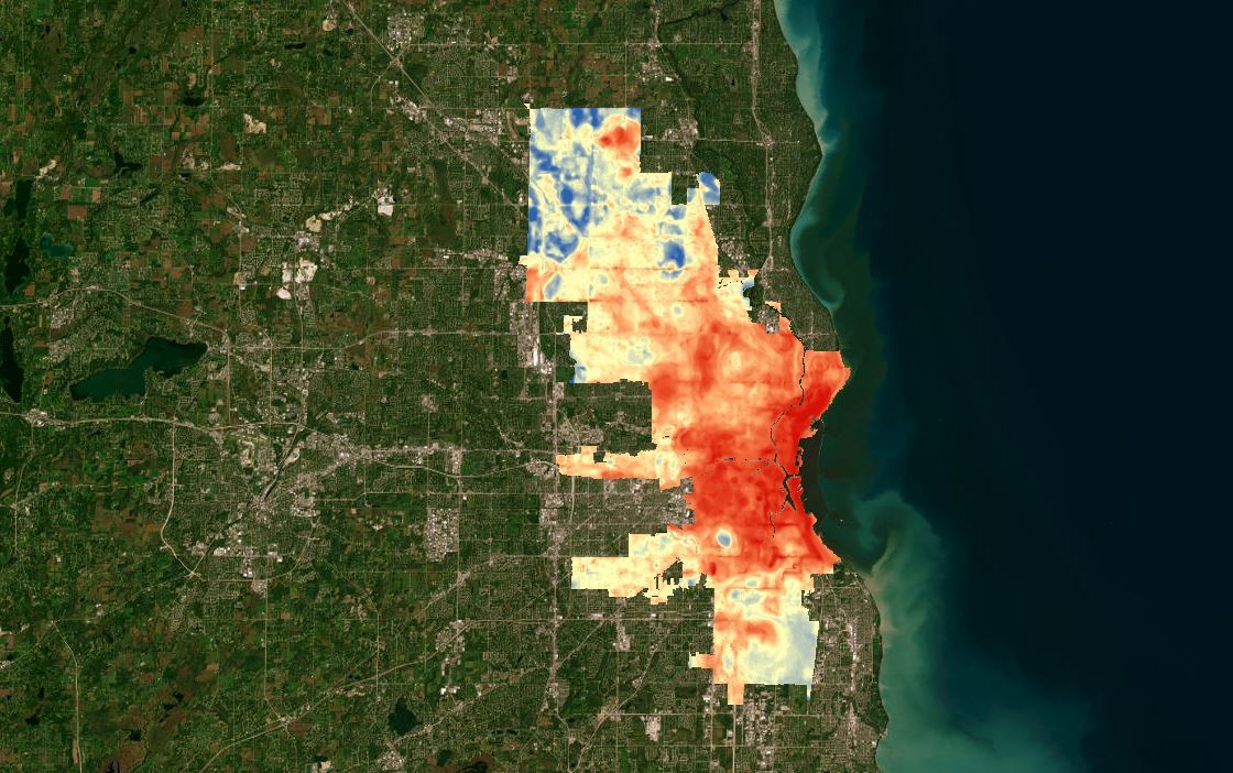 A map of the city of Milwaukee showing the heat indices throughout the city.