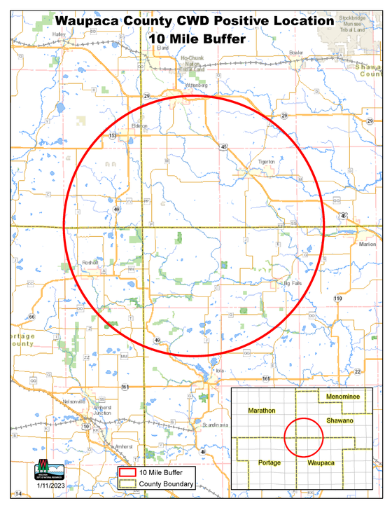 map showing area of cwd baiting and feeding ban in waupaca county