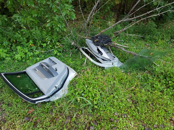 two car doors sitting in the grass