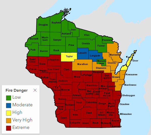 wisburn screenshot showing the fire danger across Wisconsin on April 12, 2023