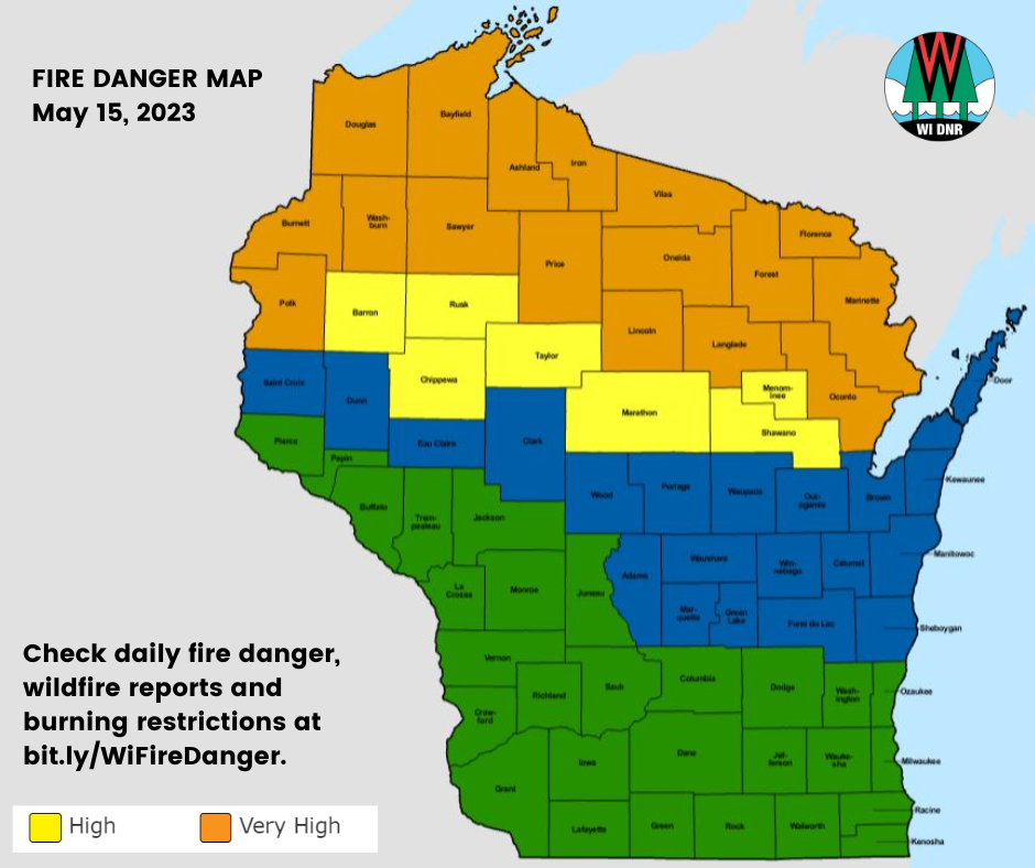A map of the current fire danger in Wisconsin.