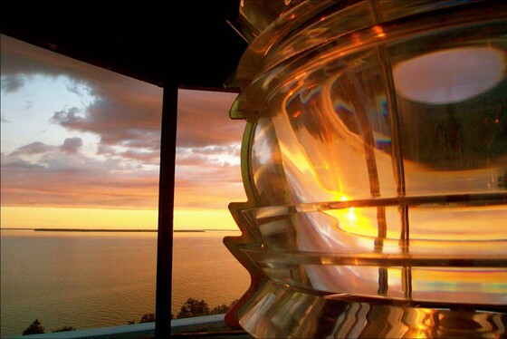 Close-up view of the historic light at the Potawatomie lighthouse on Rock Island State Park