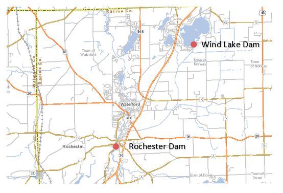 map showing location of wind lake dam