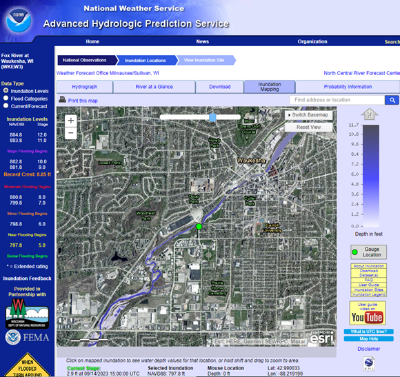 Screenshot of the Inundation Mapping Tool for the Fox River at Waukesha