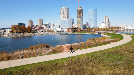 drone image of dog walker at lakeshore state park